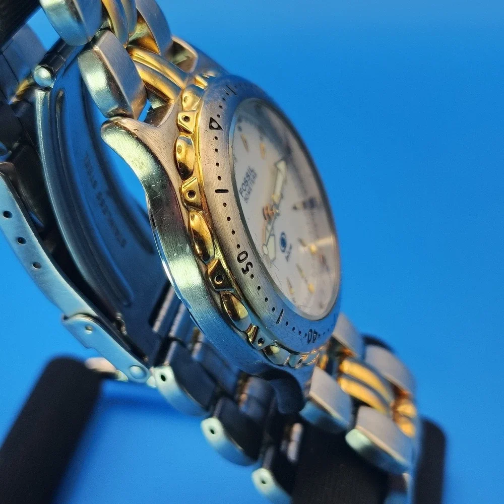 Vintage 1996 Fossil Blue‎ 34mm Two Tone Women's Quartz Watch Lume Fully Restored